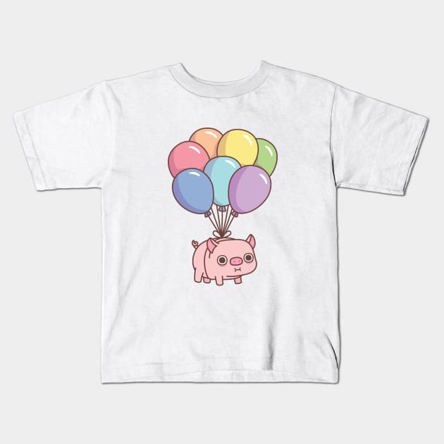 Cute Chubby Pig With Rainbow Balloons Kids T-Shirt by rustydoodle